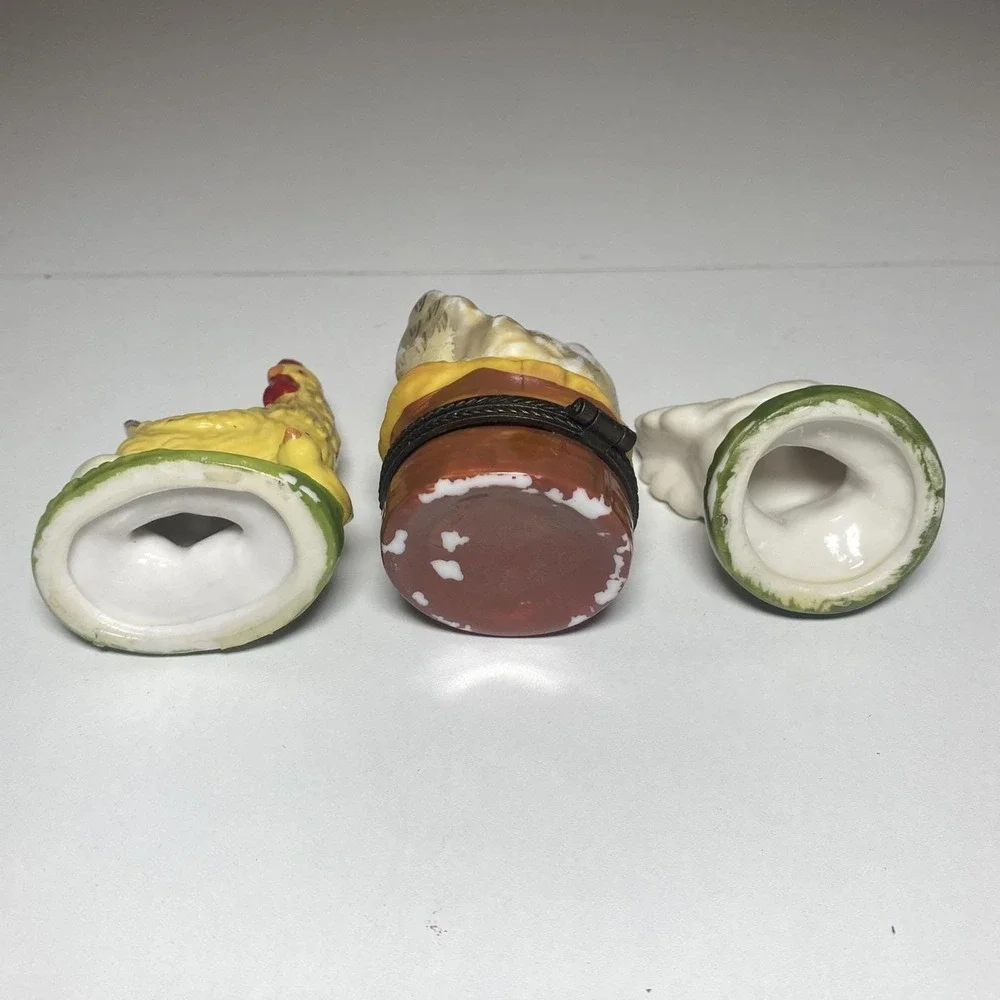 3 Beautiful Porcelain Hen-Rooster Figurines (One Is A Trinket Box)